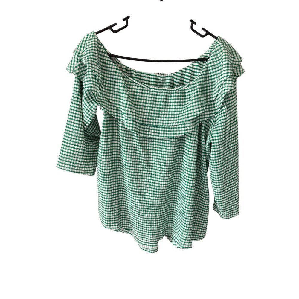 Cato Women's Green & White Checkered Pattern Off-The-Shoulder Ruffled Neckline T - Picture 2 of 8